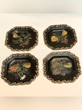 Raymond Waites Pompeii Fruit Salad/Dessert MCM Black Plates 8 1/2” Set of 4